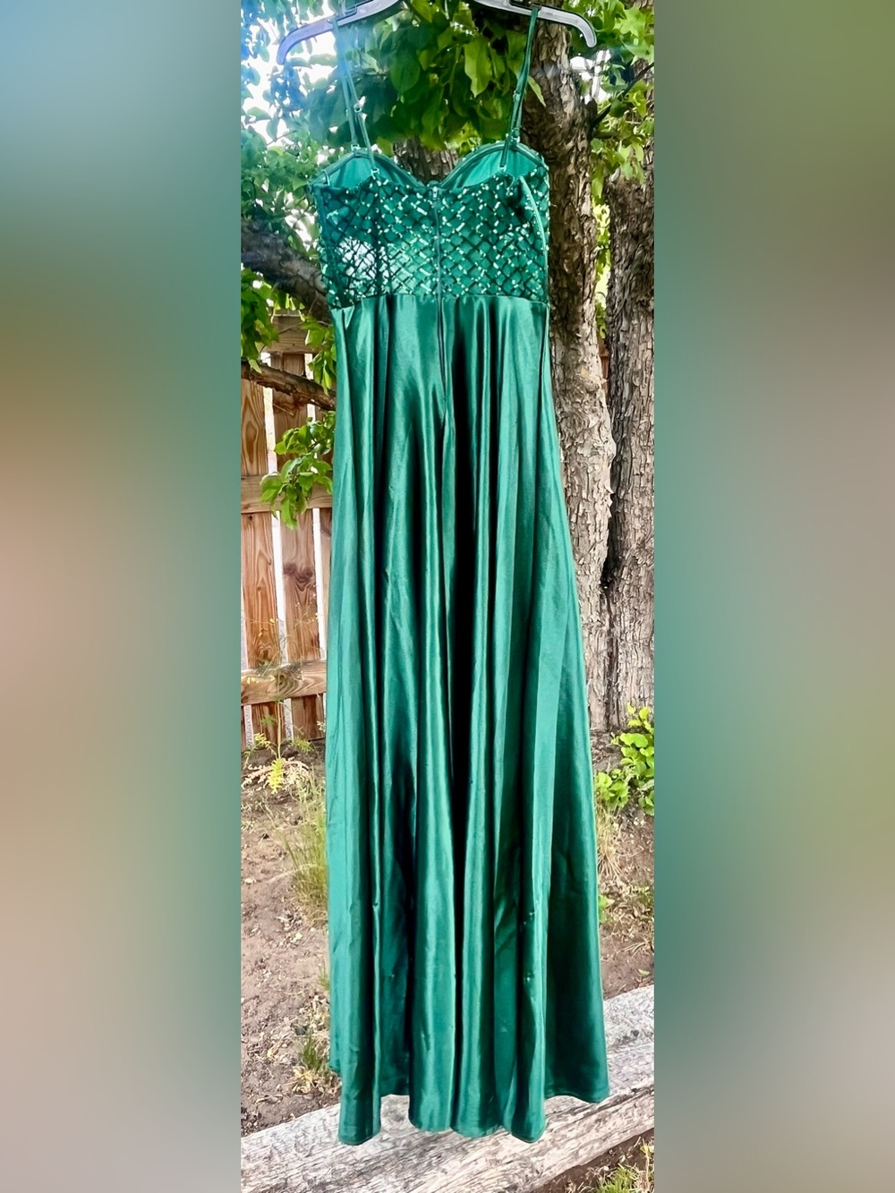 Windsor Dark Green Satin Prom Gown with Beaded Lattice Bodice - Picture 7 of 12